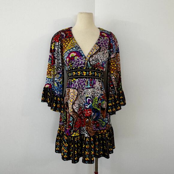 Betsey Johnson Vintage Bambi Printed Surplice Mini Dress 90s Flared Sleeve 6 - Picture 2 of 11